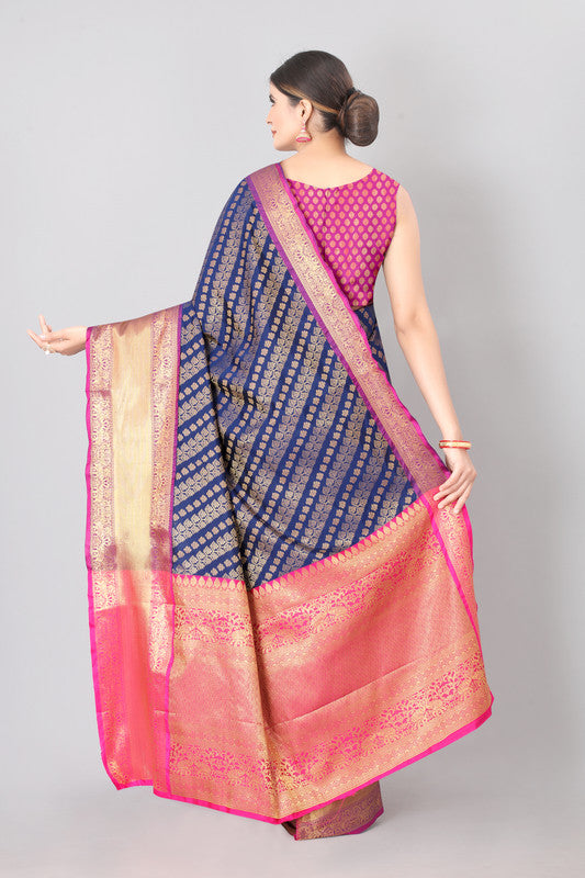 Navy Blue Banarasi Silk Woven Zari Design Striped Saree with Unstitched Blouse - Hiral Fashion | Swadesiicart