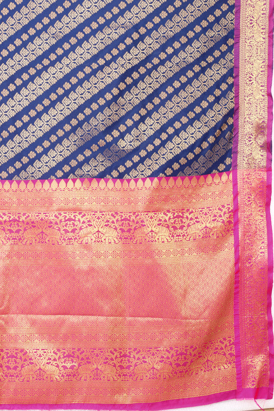 Navy Blue Banarasi Silk Woven Zari Design Striped Saree with Unstitched Blouse - Hiral Fashion | Swadesiicart