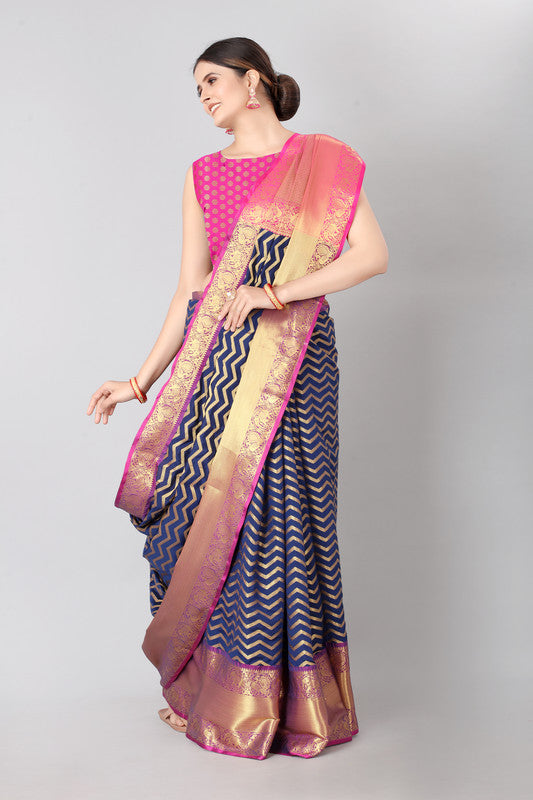 Navy Blue Silk Blend Woven Zari Design Striped Saree with Unstitched Blouse - Hiral Fashion | Swadesiicart