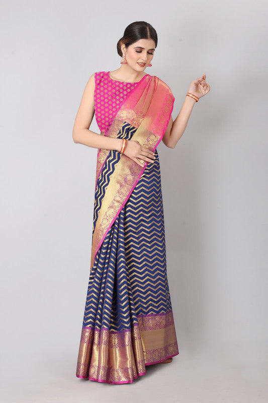 Navy Blue Silk Blend Woven Zari Design Striped Saree with Unstitched Blouse - Hiral Fashion | Swadesiicart