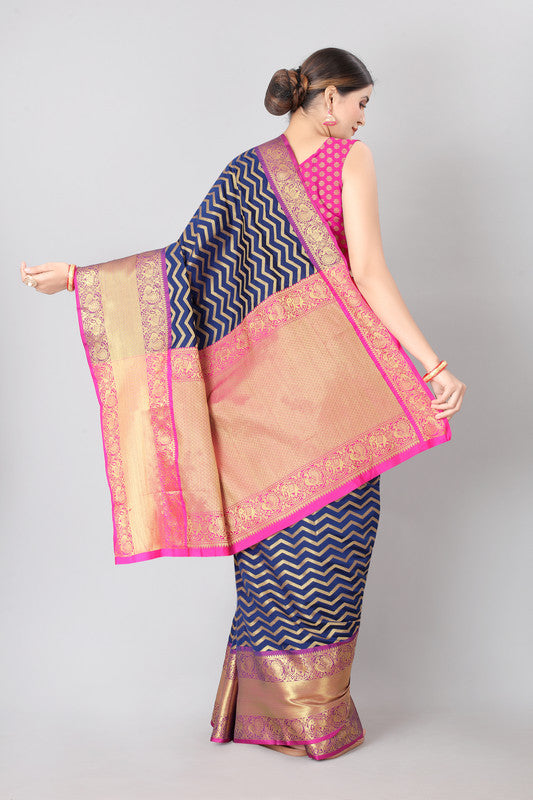 Navy Blue Silk Blend Woven Zari Design Striped Saree with Unstitched Blouse - Hiral Fashion | Swadesiicart