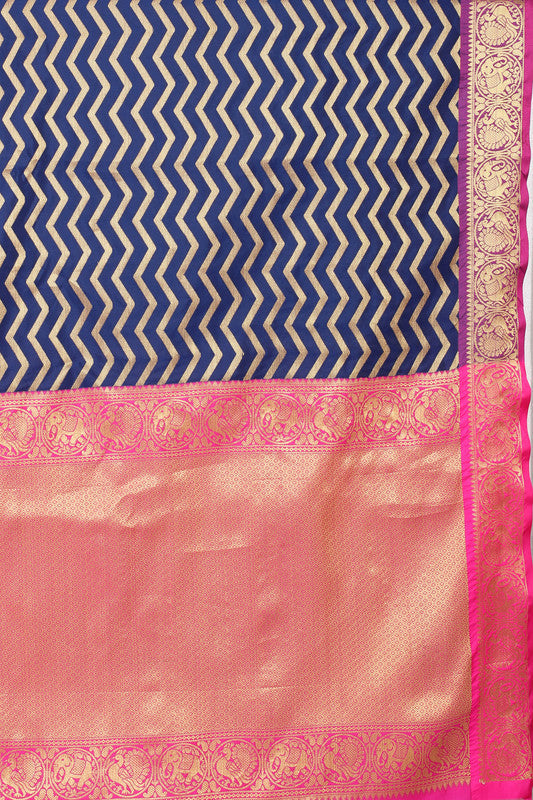 Navy Blue Silk Blend Woven Zari Design Striped Saree with Unstitched Blouse - Hiral Fashion | Swadesiicart