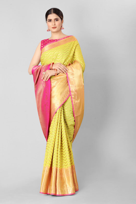 Yellow Silk Blend Woven Zari Design Striped Saree with Unstitched Blouse - Hiral Fashion | Swadesiicart