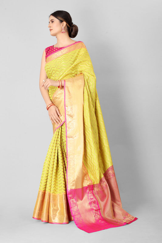 Yellow Silk Blend Woven Zari Design Striped Saree with Unstitched Blouse - Hiral Fashion | Swadesiicart