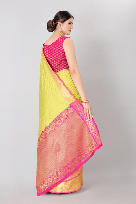 Yellow Silk Blend Woven Zari Design Striped Saree with Unstitched Blouse - Hiral Fashion | Swadesiicart