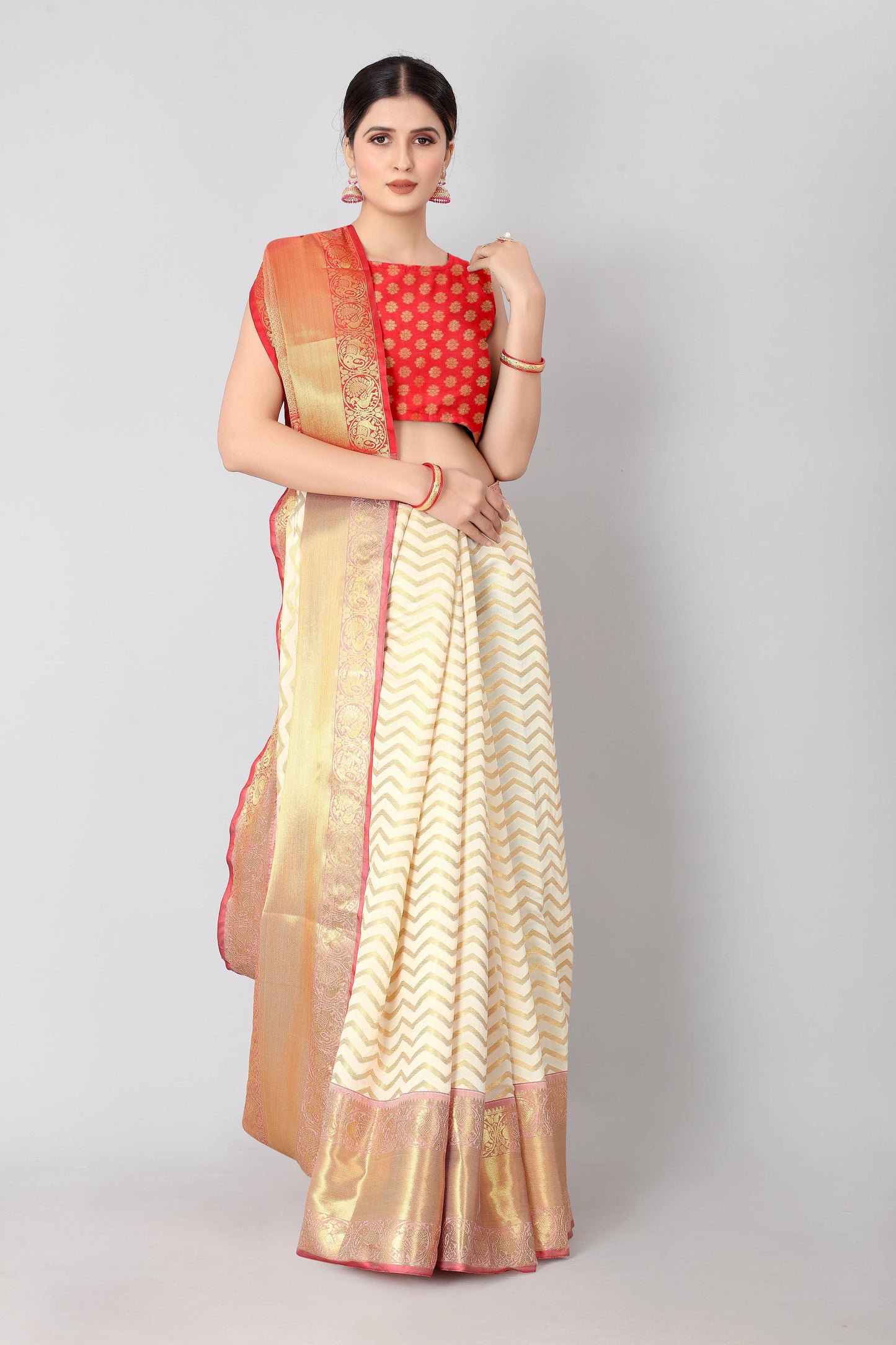 White Silk Blend Woven Zari Design Striped Saree with Unstitched Blouse - Hiral Fashion | Swadesiicart