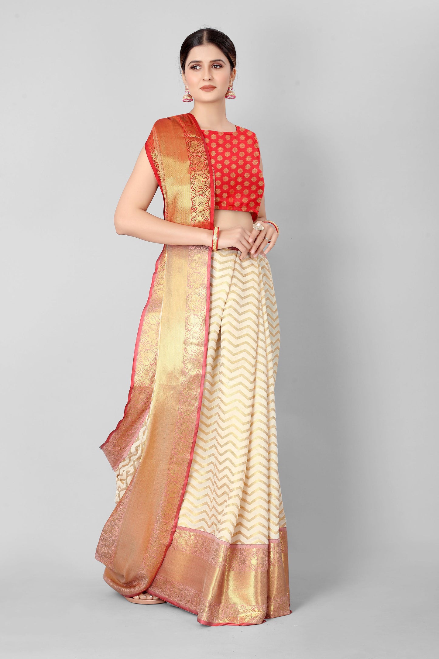 White Silk Blend Woven Zari Design Striped Saree with Unstitched Blouse - Hiral Fashion | Swadesiicart