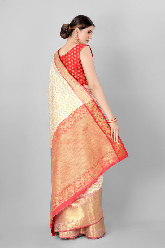 White Silk Blend Woven Zari Design Striped Saree with Unstitched Blouse - Hiral Fashion | Swadesiicart