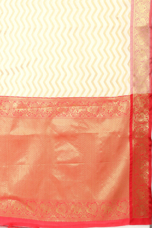 White Silk Blend Woven Zari Design Striped Saree with Unstitched Blouse - Hiral Fashion | Swadesiicart