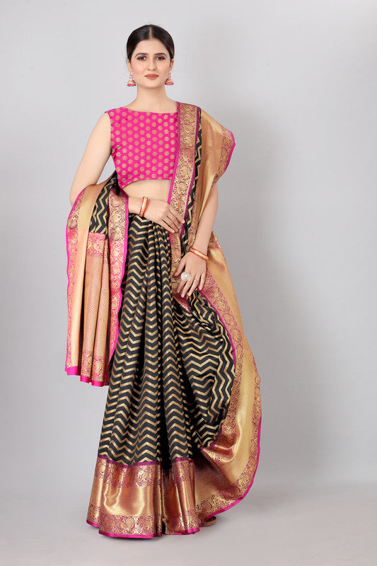 Black Silk Blend Woven Zari Design Striped Saree with Unstitched Blouse - Hiral Fashion | Swadesiicart