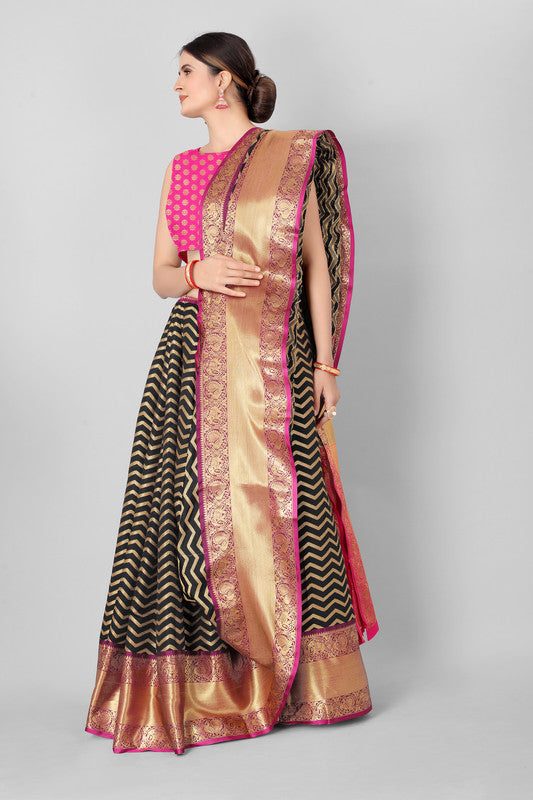 Black Silk Blend Woven Zari Design Striped Saree with Unstitched Blouse - Hiral Fashion | Swadesiicart