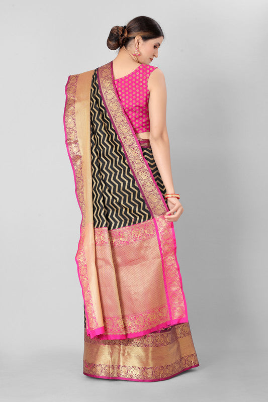 Black Silk Blend Woven Zari Design Striped Saree with Unstitched Blouse - Hiral Fashion | Swadesiicart