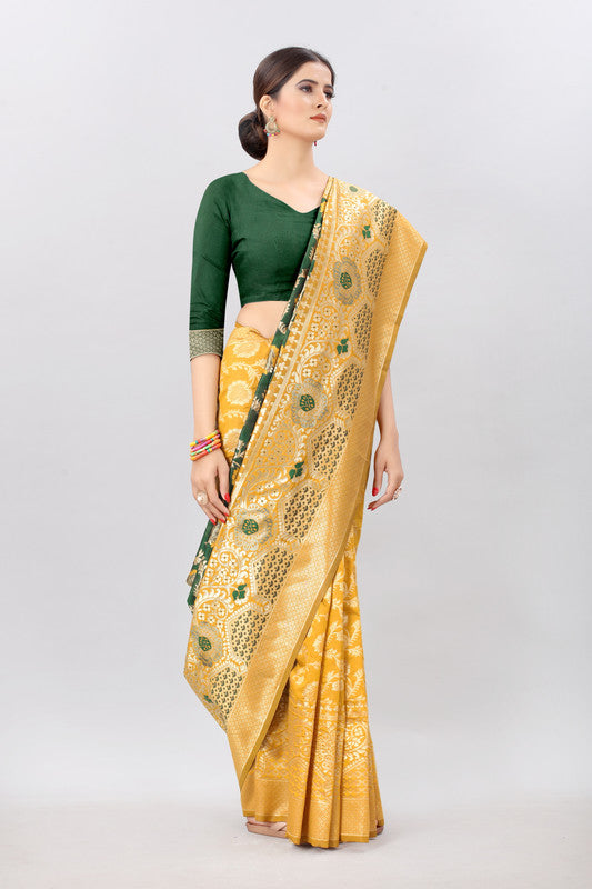 Mustard Pure Silk Embellished Floral Saree with Unstitched Blouse - Hiral Fashion | Swadesiicart