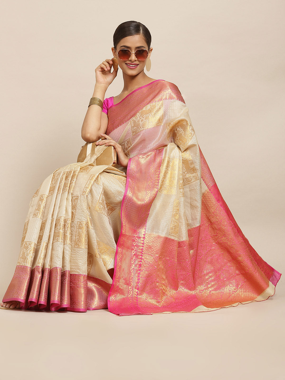 Beige Jute Silk Woven Zari Design Geomatric Saree with Unstitched Blouse - Hiral Fashion | Swadesiicart
