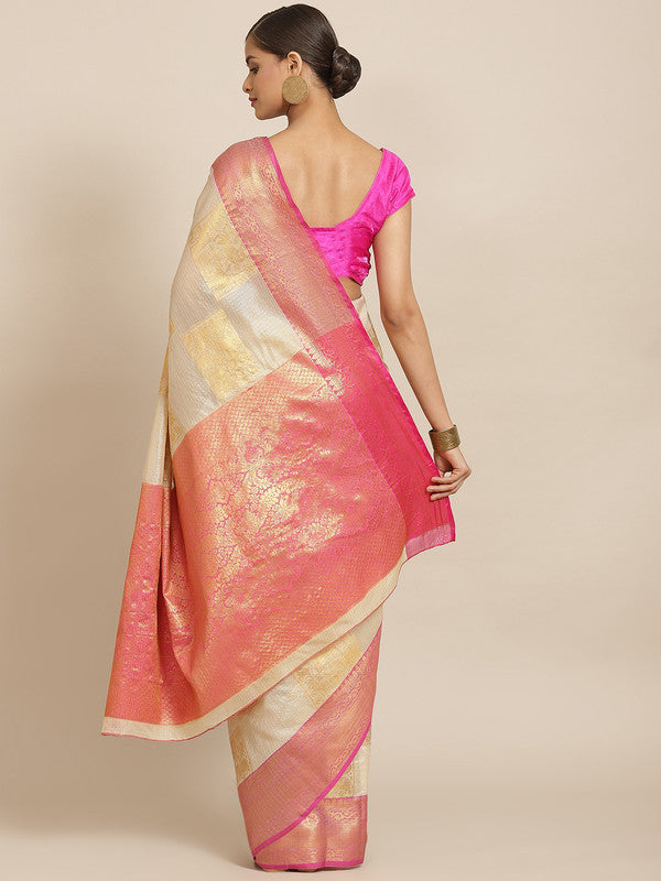 Beige Jute Silk Woven Zari Design Geomatric Saree with Unstitched Blouse - Hiral Fashion | Swadesiicart