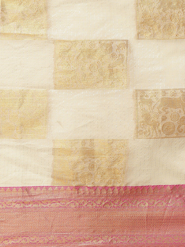 Beige Jute Silk Woven Zari Design Geomatric Saree with Unstitched Blouse - Hiral Fashion | Swadesiicart