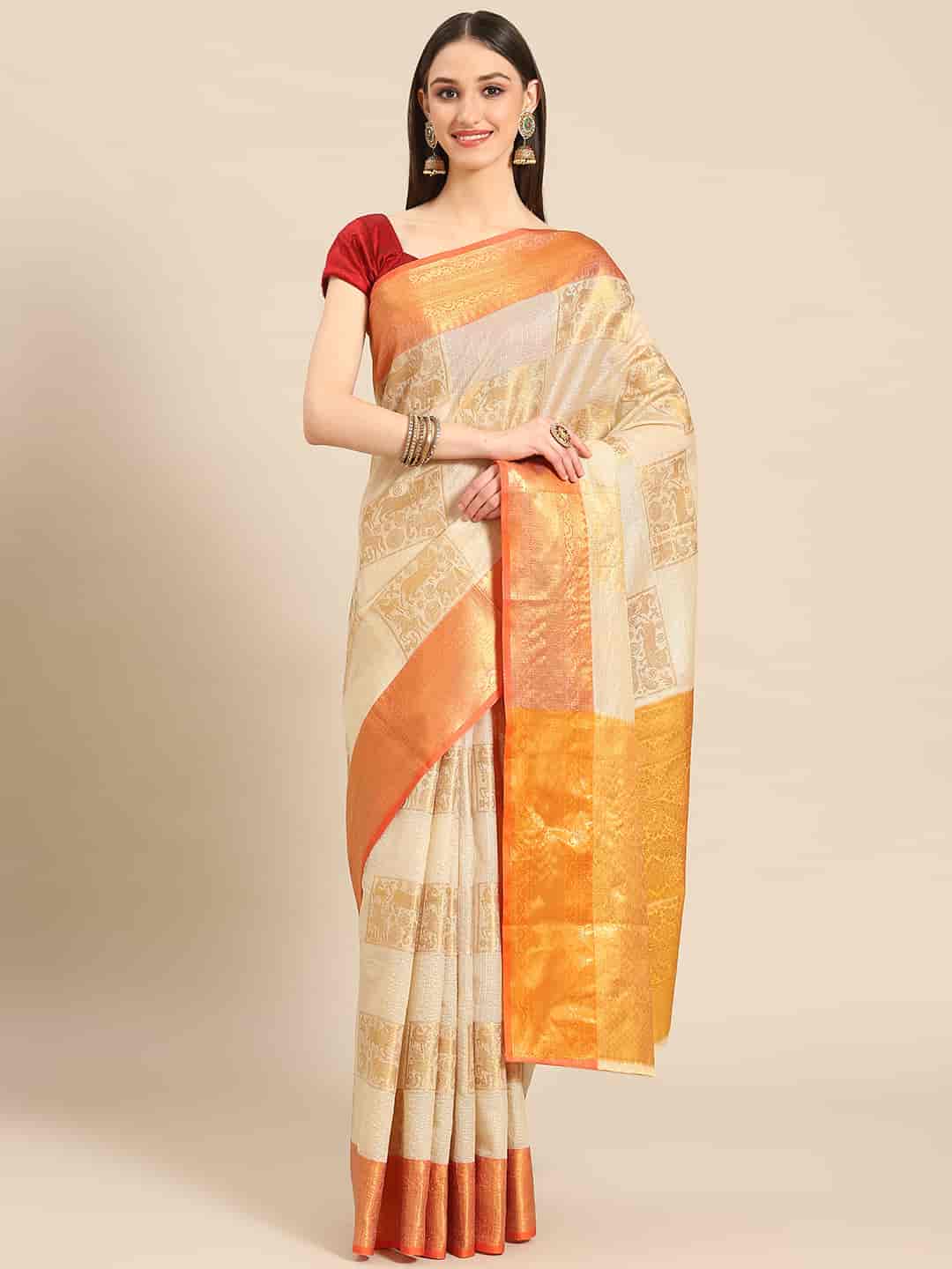 Beige Jute Silk Embellished Geomatric Saree with Unstitched Blouse - Hiral Fashion | Swadesiicart