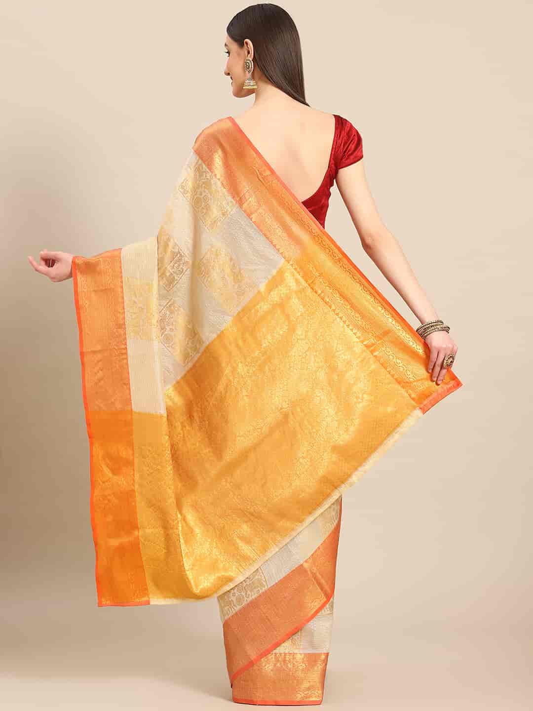 Beige Jute Silk Embellished Geomatric Saree with Unstitched Blouse - Hiral Fashion | Swadesiicart
