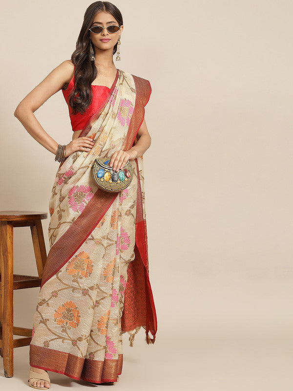 Beige Tusser Silk Woven Zari Design Floral Saree with Unstitched Blouse - Hiral Fashion | Swadesiicart