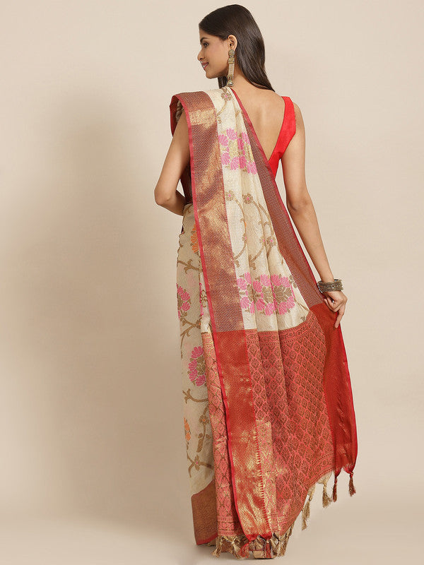 Beige Tusser Silk Woven Zari Design Floral Saree with Unstitched Blouse - Hiral Fashion | Swadesiicart