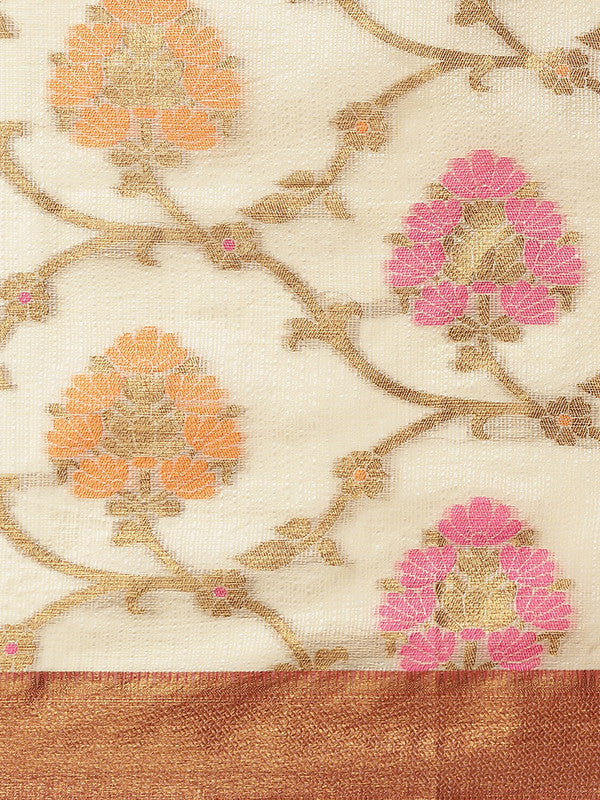 Beige Tusser Silk Woven Zari Design Floral Saree with Unstitched Blouse - Hiral Fashion | Swadesiicart