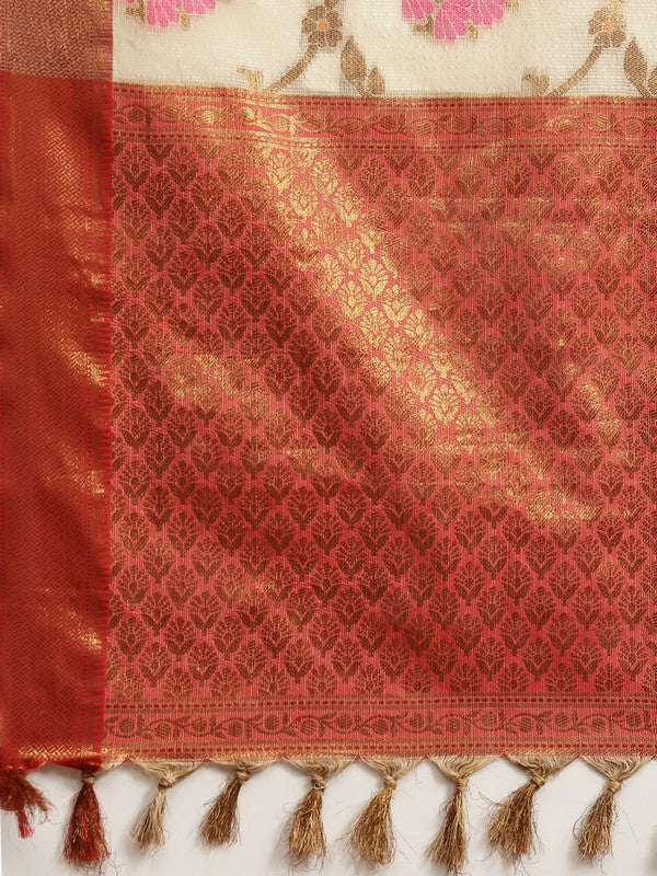 Beige Tusser Silk Woven Zari Design Floral Saree with Unstitched Blouse - Hiral Fashion | Swadesiicart
