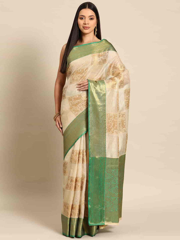 Beige Jute Silk Embellished Geomatric Saree with Unstitched Blouse - Hiral Fashion | Swadesiicart