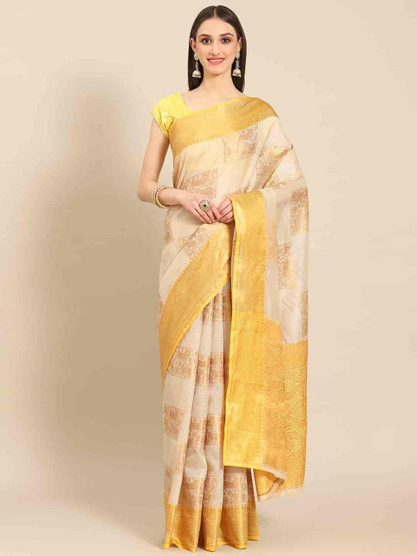 Beige Jute Silk Embellished Geomatric Saree with Unstitched Blouse - Hiral Fashion | Swadesiicart