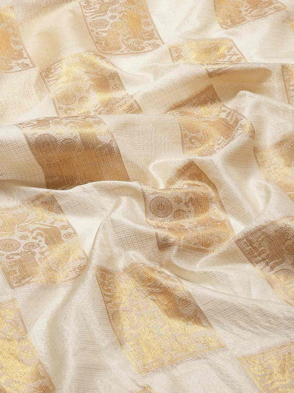 Beige Jute Silk Embellished Geomatric Saree with Unstitched Blouse - Hiral Fashion | Swadesiicart
