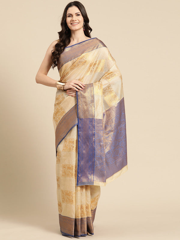 Beige Jute Silk Woven Zari Design Geomatric Saree with Unstitched Blouse - Hiral Fashion | Swadesiicart