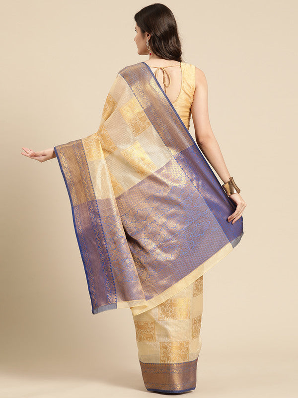 Beige Jute Silk Woven Zari Design Geomatric Saree with Unstitched Blouse - Hiral Fashion | Swadesiicart