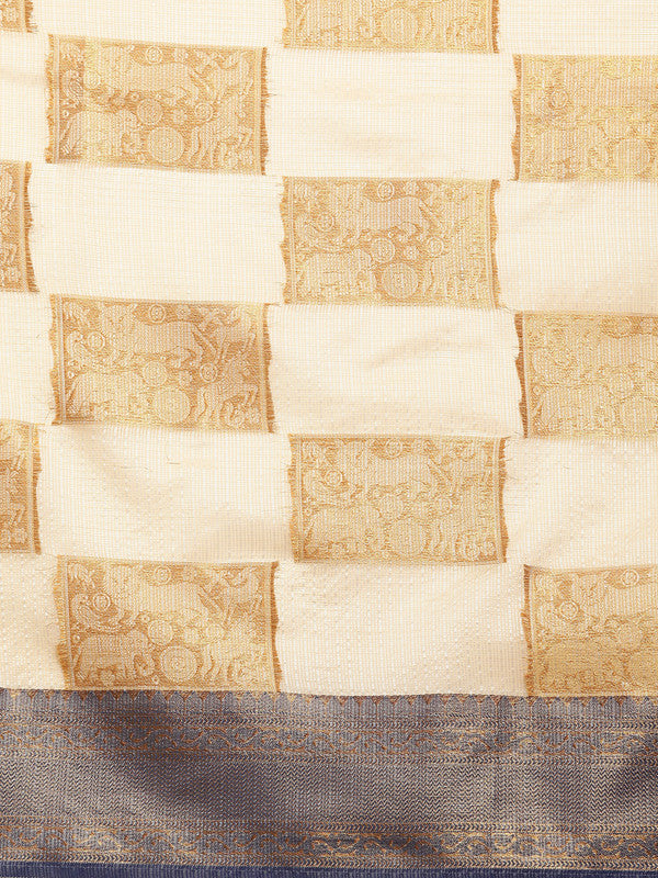 Beige Jute Silk Woven Zari Design Geomatric Saree with Unstitched Blouse - Hiral Fashion | Swadesiicart