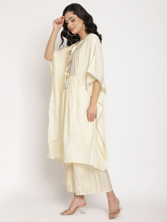 Ahalyaa Women Off White Printed Gotta Patti Kaftan Style Kurta With Palazzos | Swadesiicart