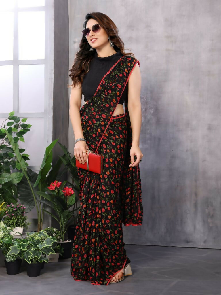 Partywear Designer Black & Red Georgette Fancy Saree - Satrangi | Swadesiicart