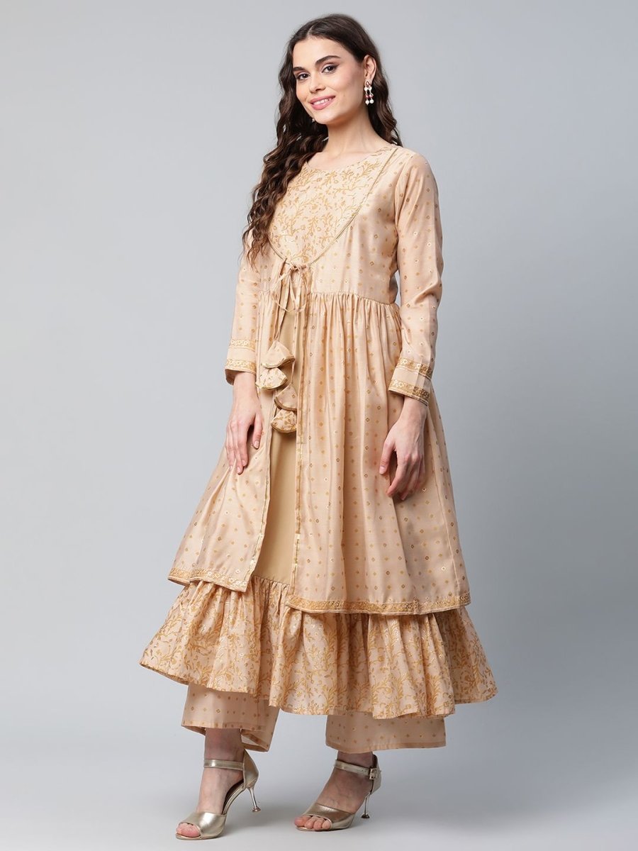 Ahalyaa Womens Beige Chanderi Kurta Palazzo Set with Dupatta | Swadesiicart