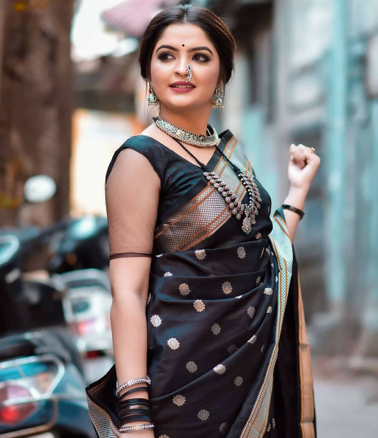 DEIANA'S Beautiful Designer Golden zari Soft Lichi Silk Saree - Black - Swadesiicart