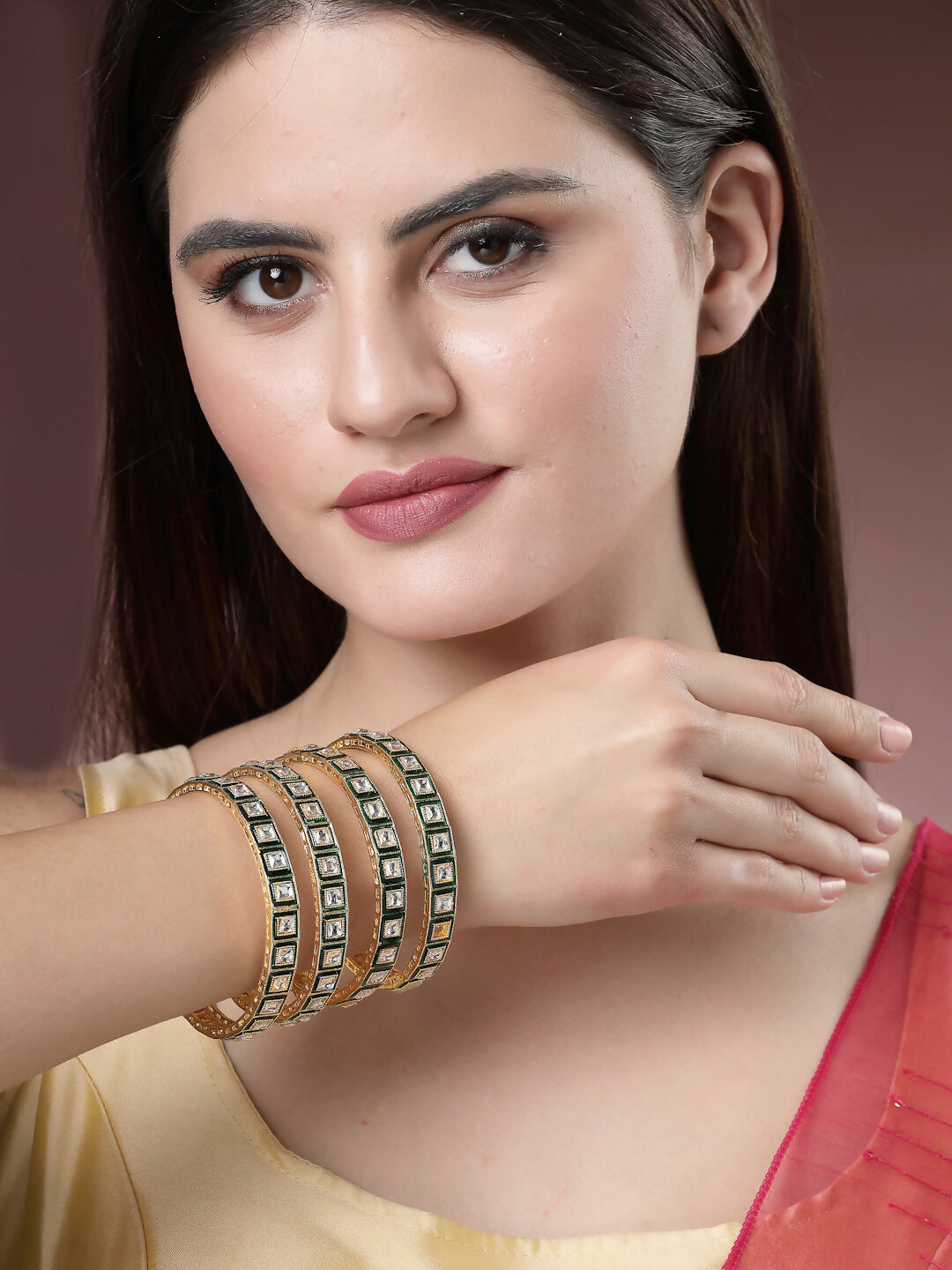 NVR Women's Set Of 4 Gold-Polished Green Kundan-Studded Traditional Bangles - Swadesiicart