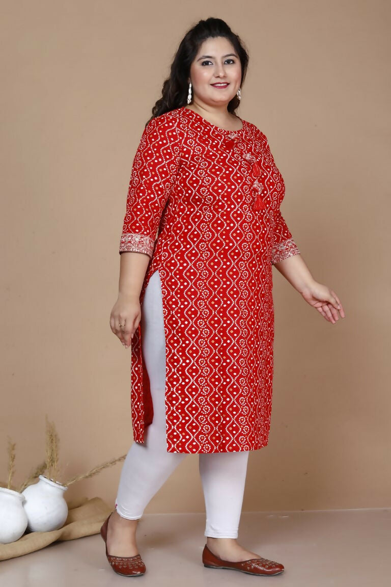 Miravan Women's Plus Size Festive Wear Red Bandhani Printed Straight Kurta - Swadesiicart