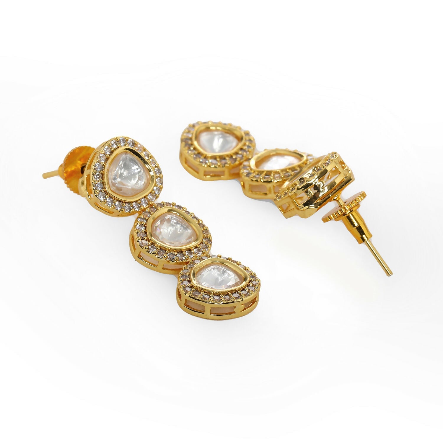 Uncut 3 Tier Kundan Dangler Earrings (Gold) - Ruby Raang - Swadesiicart