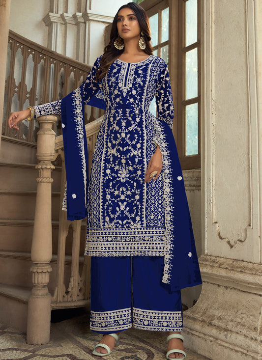 Vegaa Fashion Blue Premium Net Embroidered Traditional Palazzo Suit - Swadesiicart