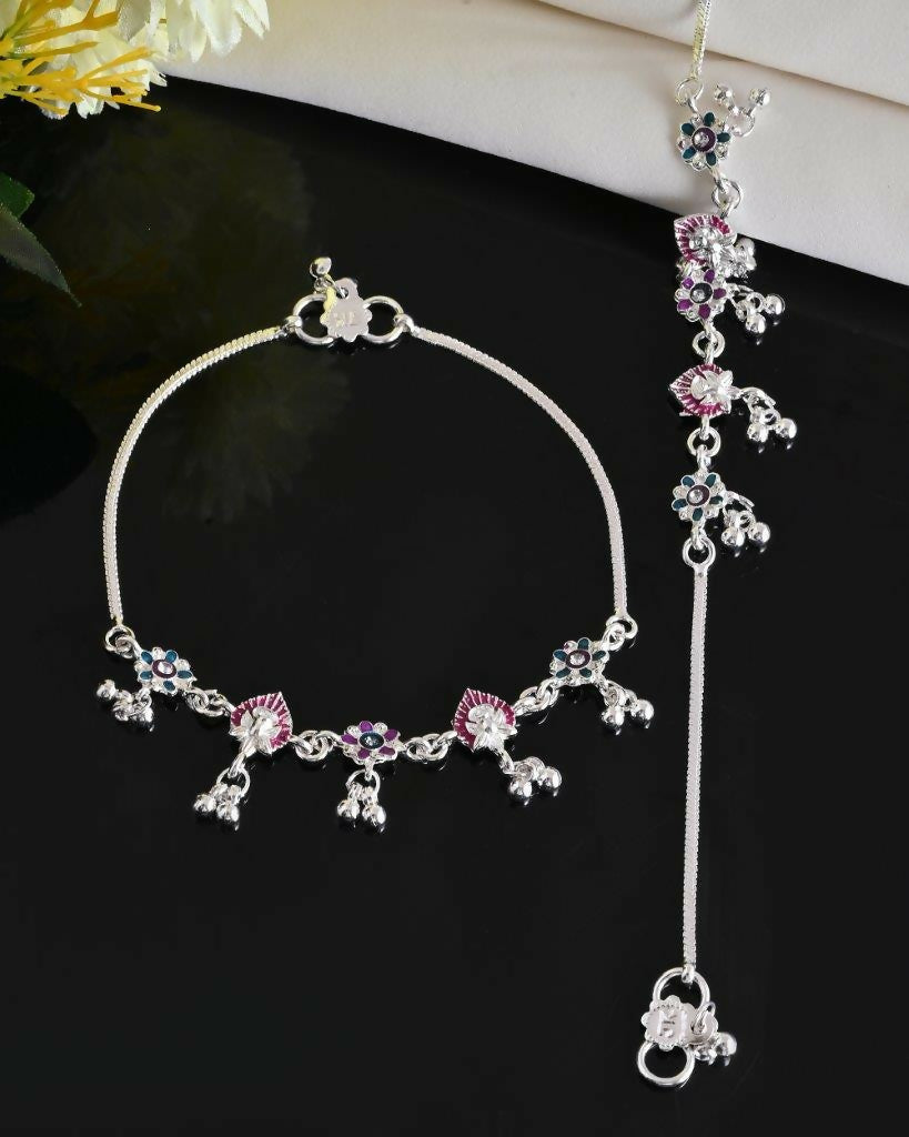 VOJ Set of 2 Silver Plated Designer Multi Color Anklet - Swadesiicart