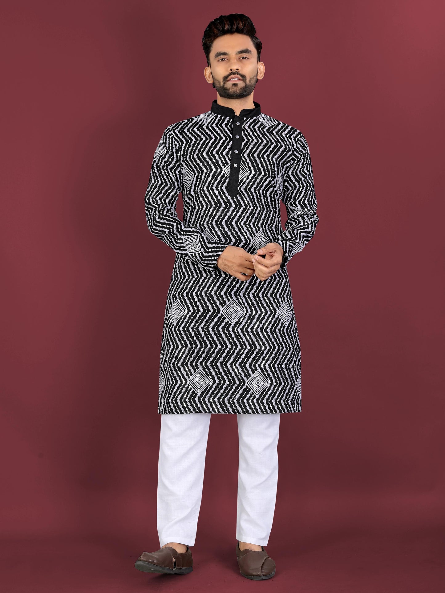 Neera Trendz Black Soft Silk Embroidered Men's Kurta Pyjama - Swadesiicart