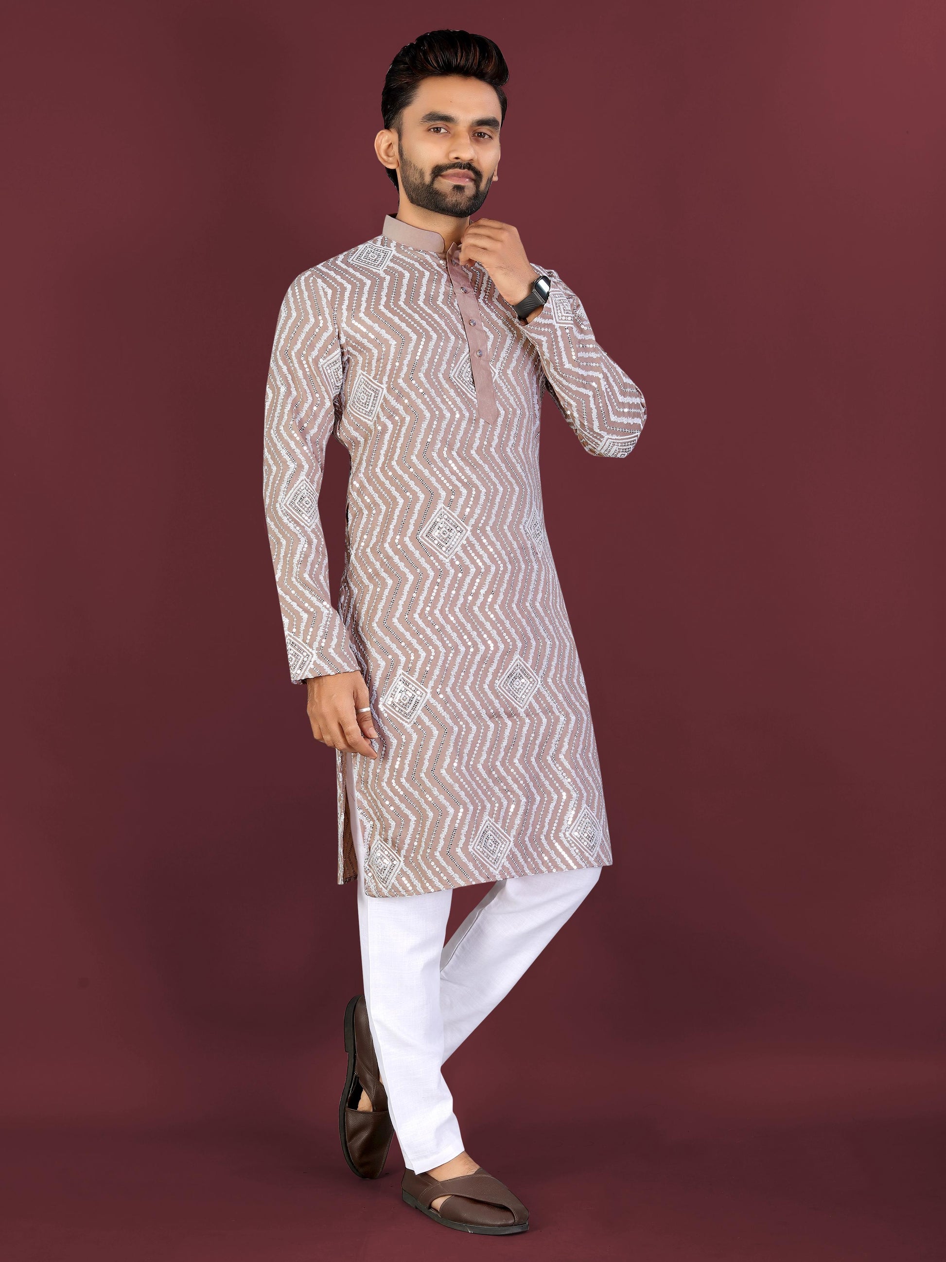 Neera Trendz Brown Soft Silk Embroidered Men's Kurta Pyjama - Swadesiicart