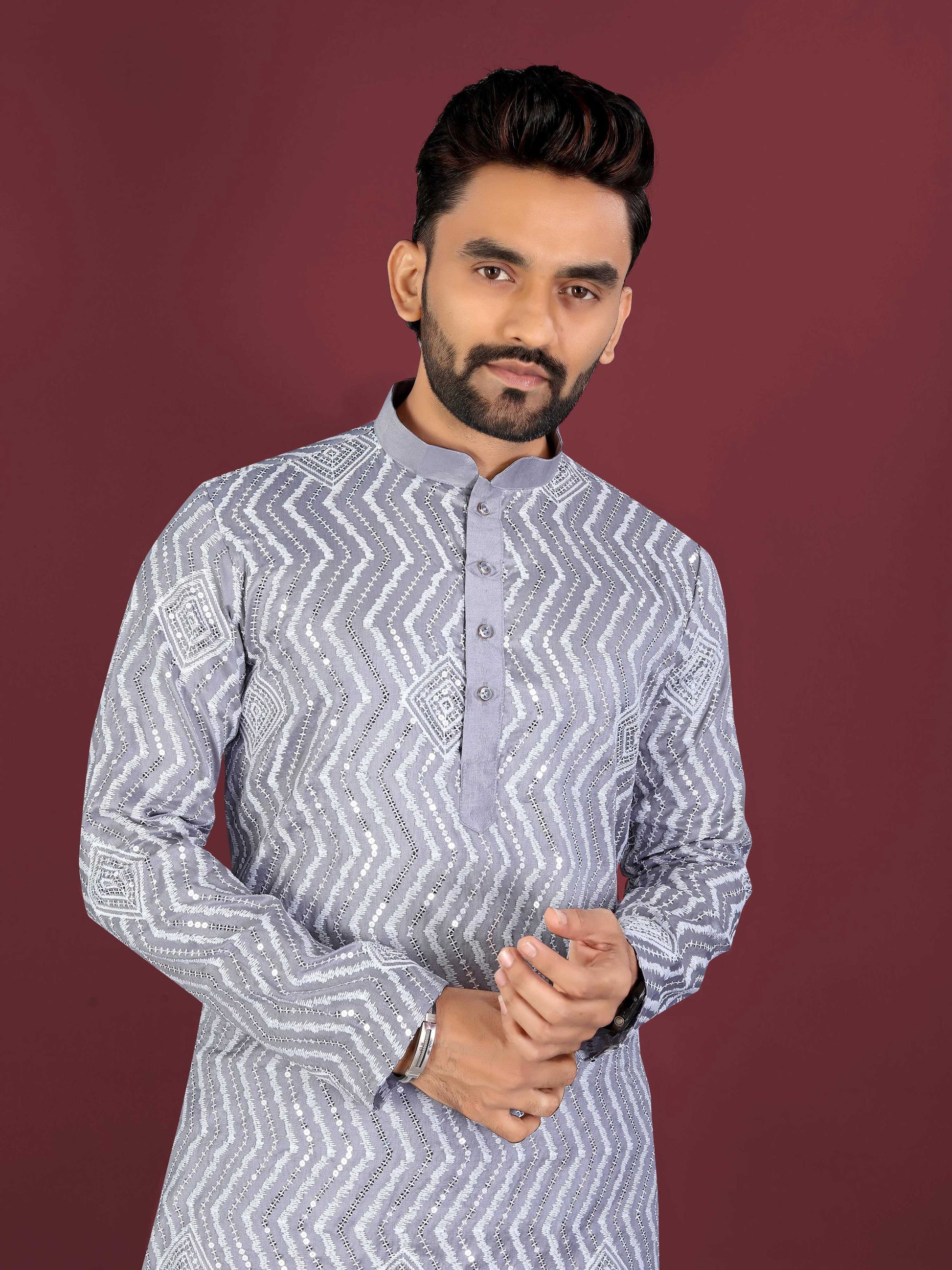 Neera Trendz Grey Soft Silk Embroidered Men's Kurta Pyjama - Swadesiicart