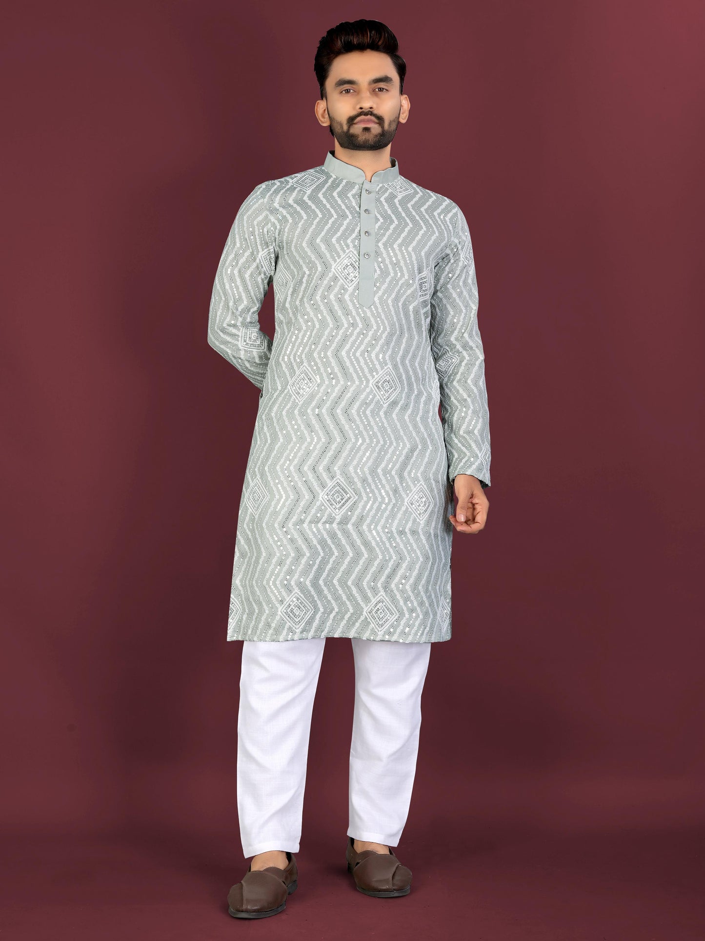 Neera Trendz Light Green Soft Silk Embroidered Men's Kurta Pyjama - Swadesiicart