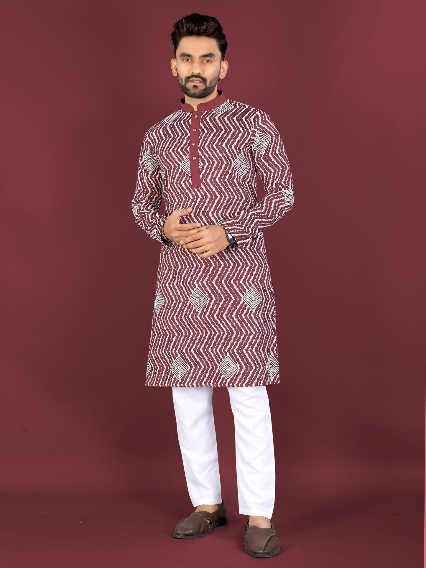 Neera Trendz Maroon Soft Silk Embroidered Men's Kurta Pyjama - Swadesiicart