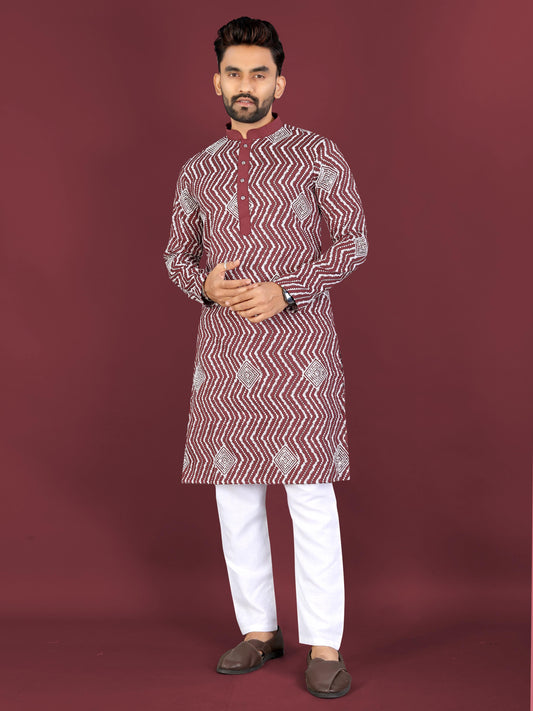 Neera Trendz Maroon Soft Silk Embroidered Men's Kurta Pyjama - Swadesiicart