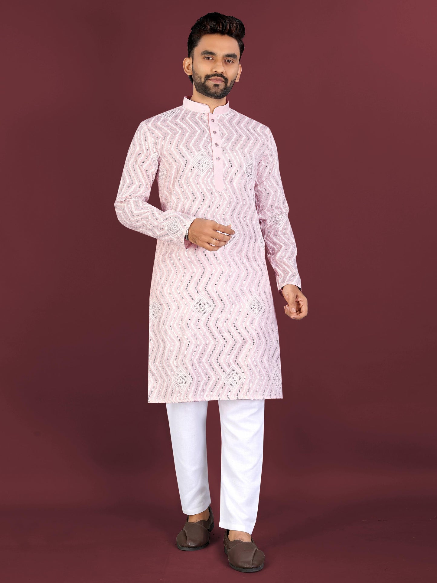 Neera Trendz Pink Soft Silk Embroidered Men's Kurta Pyjama - Swadesiicart