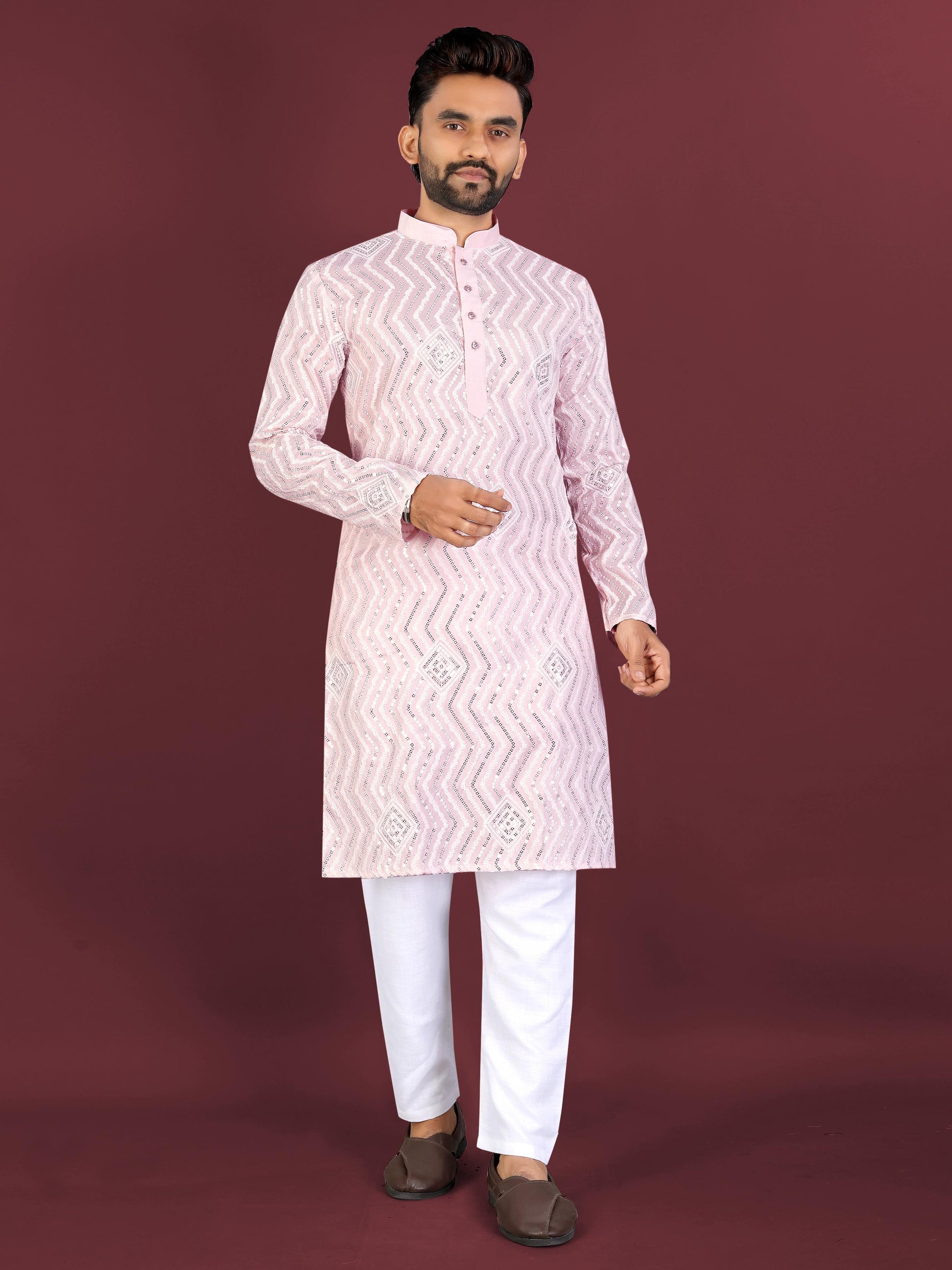 Neera Trendz Pink Soft Silk Embroidered Men's Kurta Pyjama - Swadesiicart