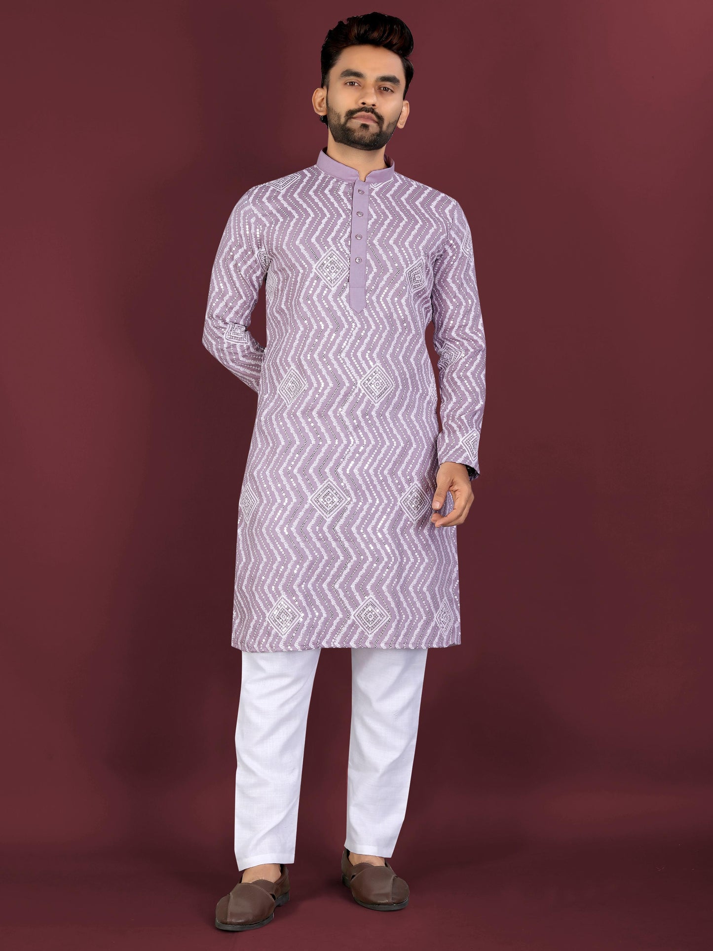 Neera Trendz Purple Soft Silk Embroidered Men's Kurta Pyjama - Swadesiicart